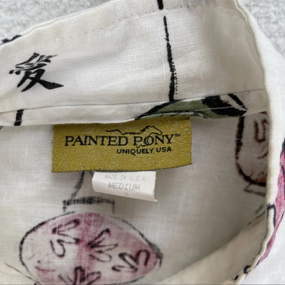 Painted Pony 100% Linen Shirt Shacket Sz M Chinese Lantern Asian Characters USA - Picture 2 of 14